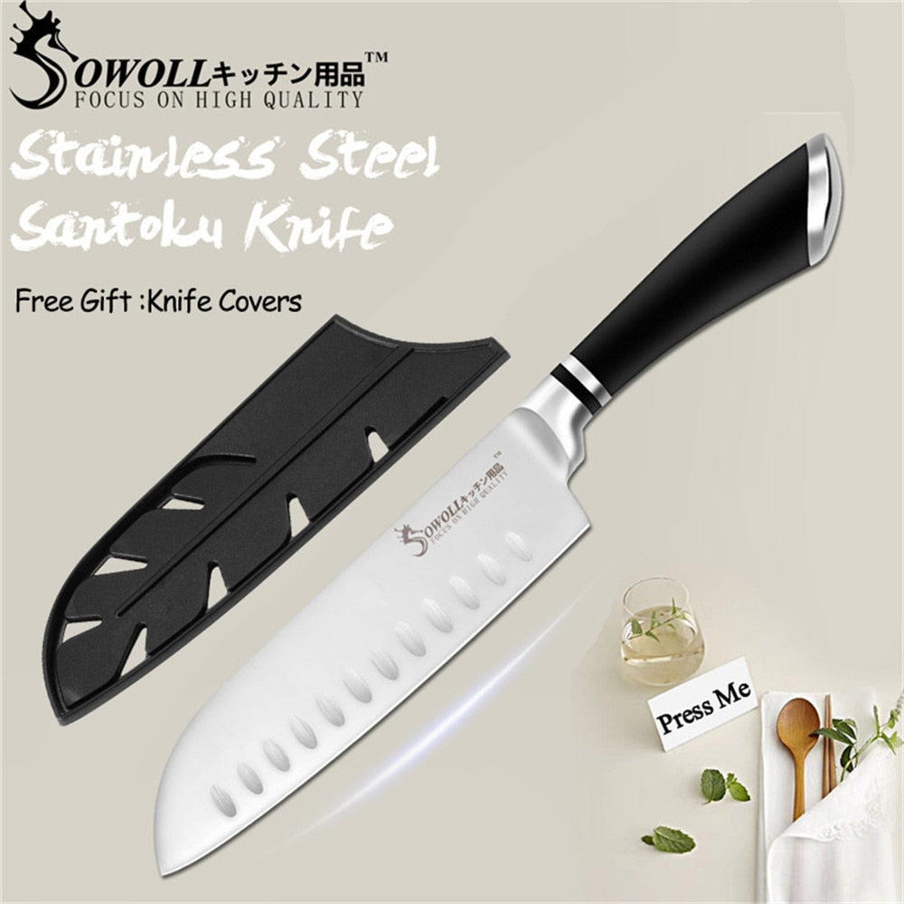 SOWOLL Kitchen Knives 1-7Pcs Stainless Steel Knives Paring Utility Santoku Bread Slicing Tool