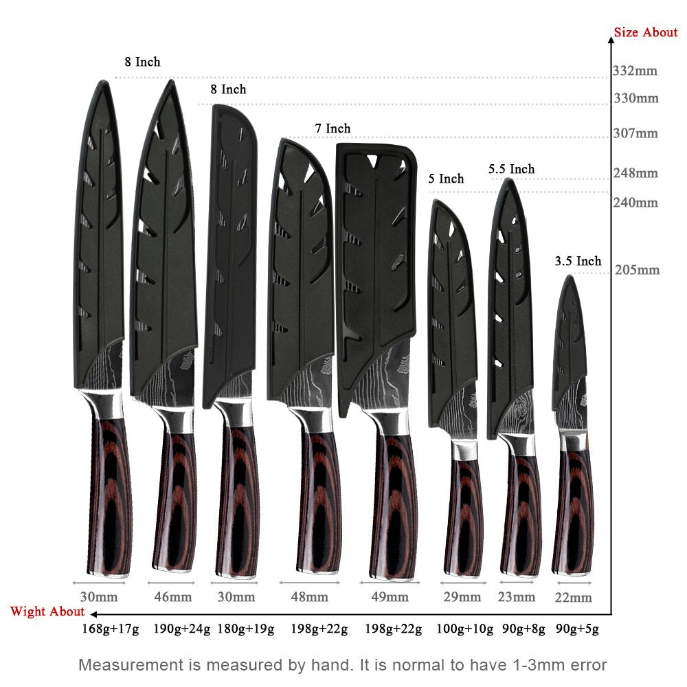 Chef Knife With Cover 1-8Pcs Stainless Steel Kitchen Knife Cleaver Slicing Damascus Veins