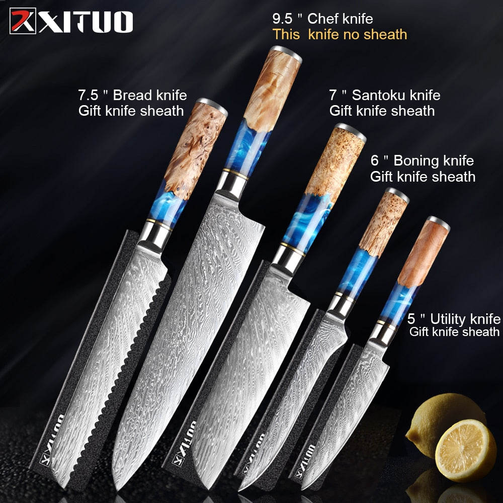 Knives-Set Damascus Steel Chef Knife Cleaver Paring Utility Bread Knife Cooking Tool Blue