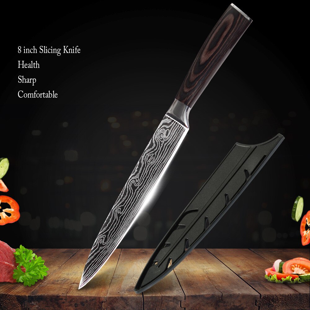 Chef Knife With Cover 1-8Pcs Stainless Steel Kitchen Knife Cleaver Slicing Damascus Veins