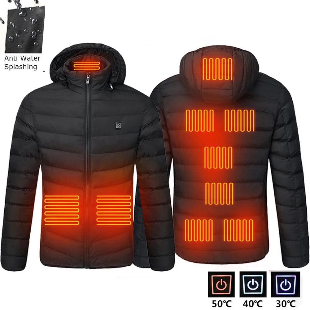 NWE Men Winter Warm USB Heating Jackets Smart Thermostat Pure Color Hooded Heated Jackets