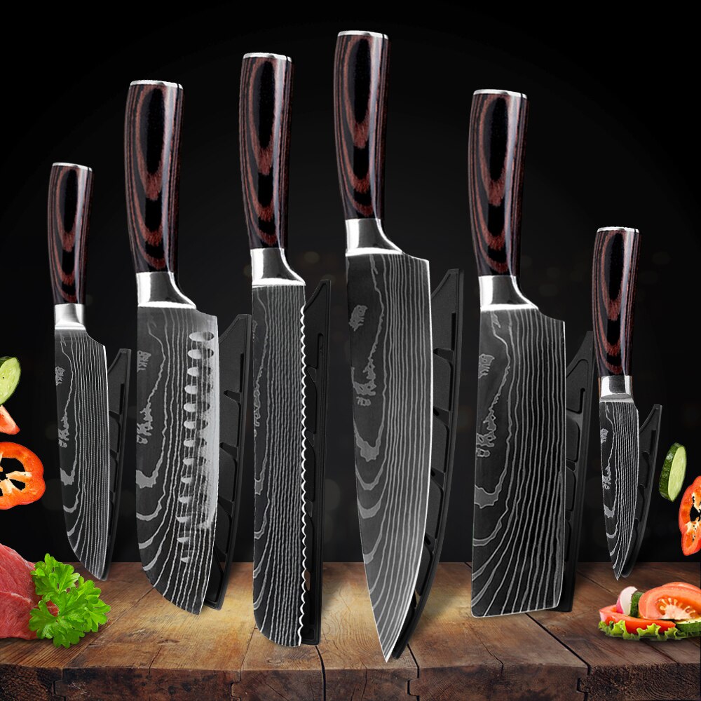 Chef Knife With Cover 1-8Pcs Stainless Steel Kitchen Knife Cleaver Slicing Damascus Veins