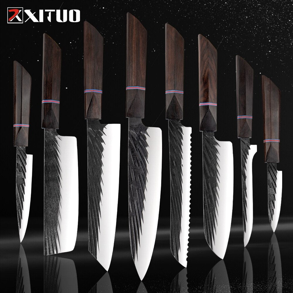 8 Sets Kitchen knives Handmade Forged Japanese Sharp Chef Knife 440C Steel Cleaver