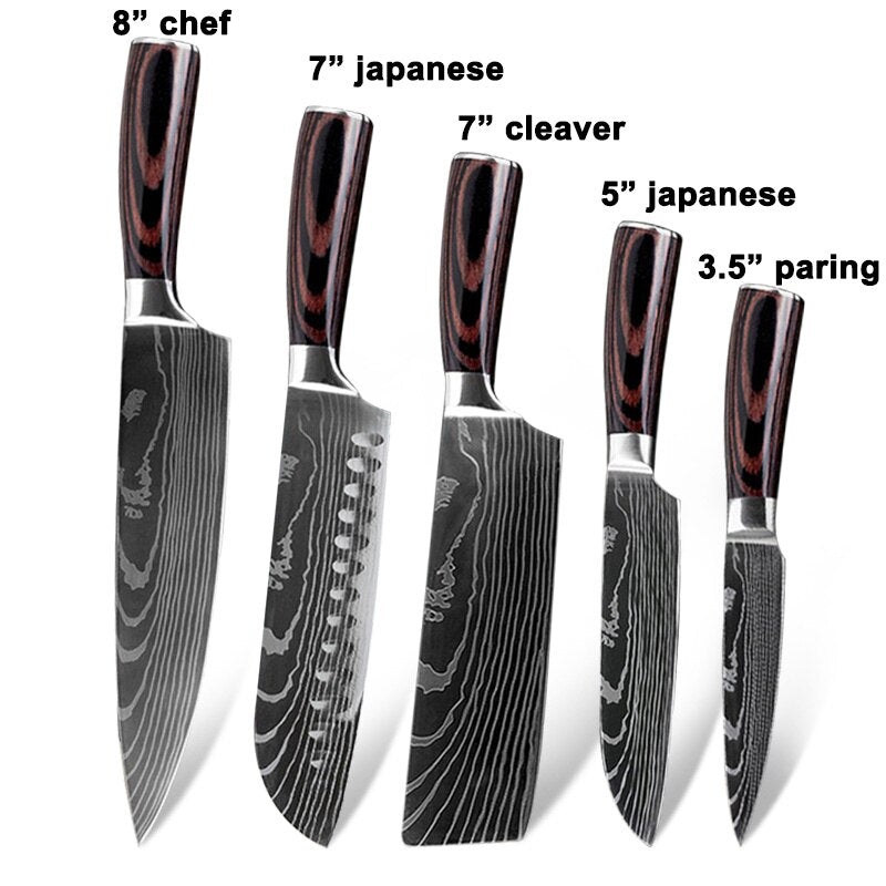 New Stainless Steel Kitchen Knife Set 5PCS High Quality Sharp Japanese Chef Cleaver Meat Wood