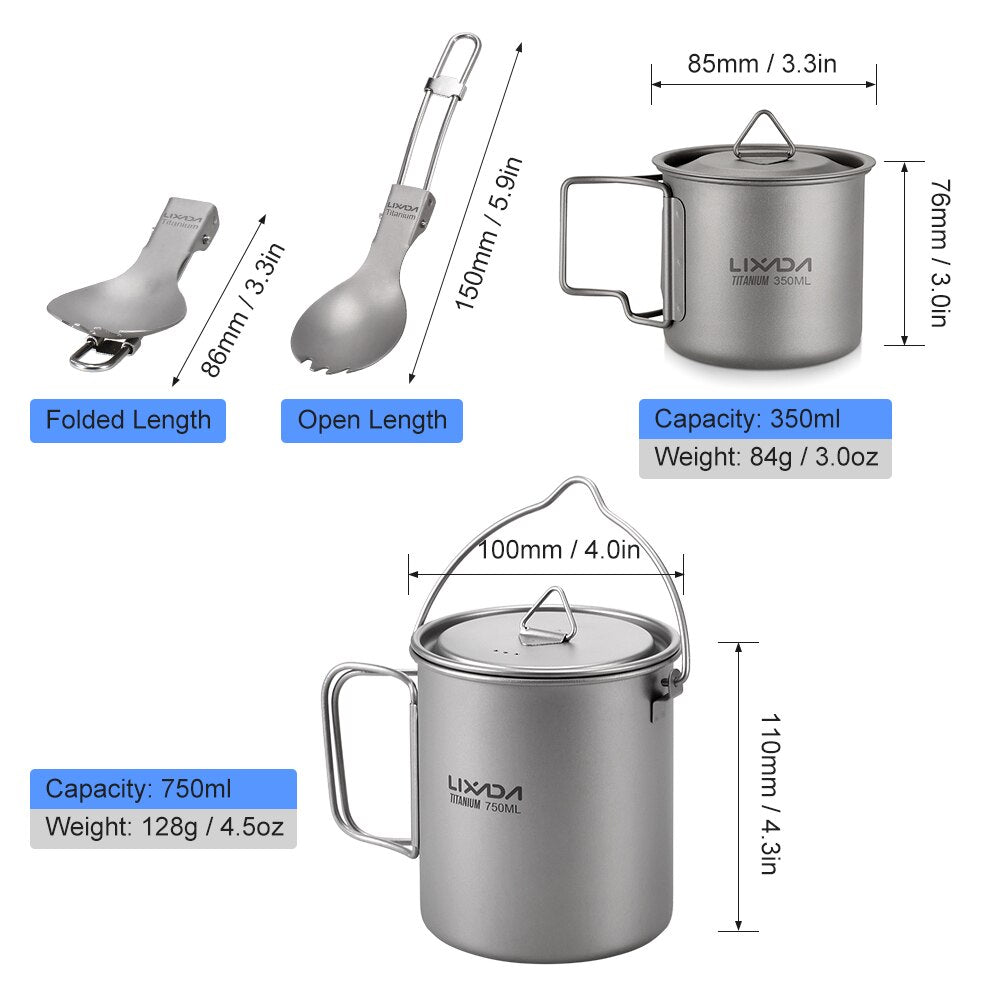 Lixada Titanium Pot Camping Tableware Water Mug Folding Spork Outdoor Cookware