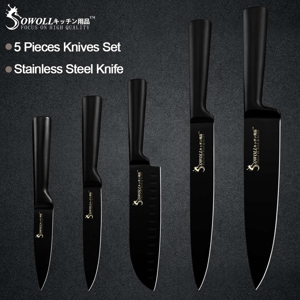 Sowoll 6pcs Stainless Steel Kitchen Knives Set All Black Handle Seamless Welding Chef Slicing