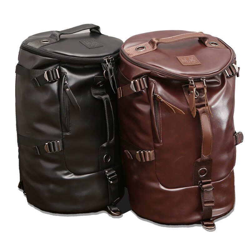 Men Bucket Backpack PU Leather Travel Bag Large Capacity Luggage Casual Vintage Shoulder