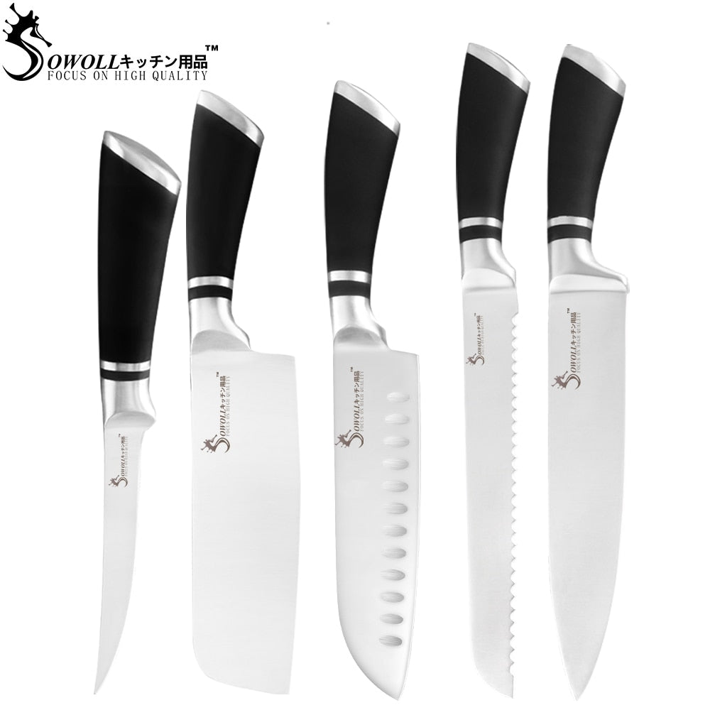 Sowoll 9pcs Stainless Steel Knives Set Non-slip Handle Chef Chopping Boning Cleaver Kitchen