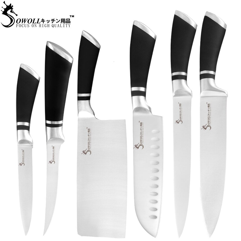 Sowoll 9pcs Stainless Steel Knives Set Non-slip Handle Chef Chopping Boning Cleaver Kitchen