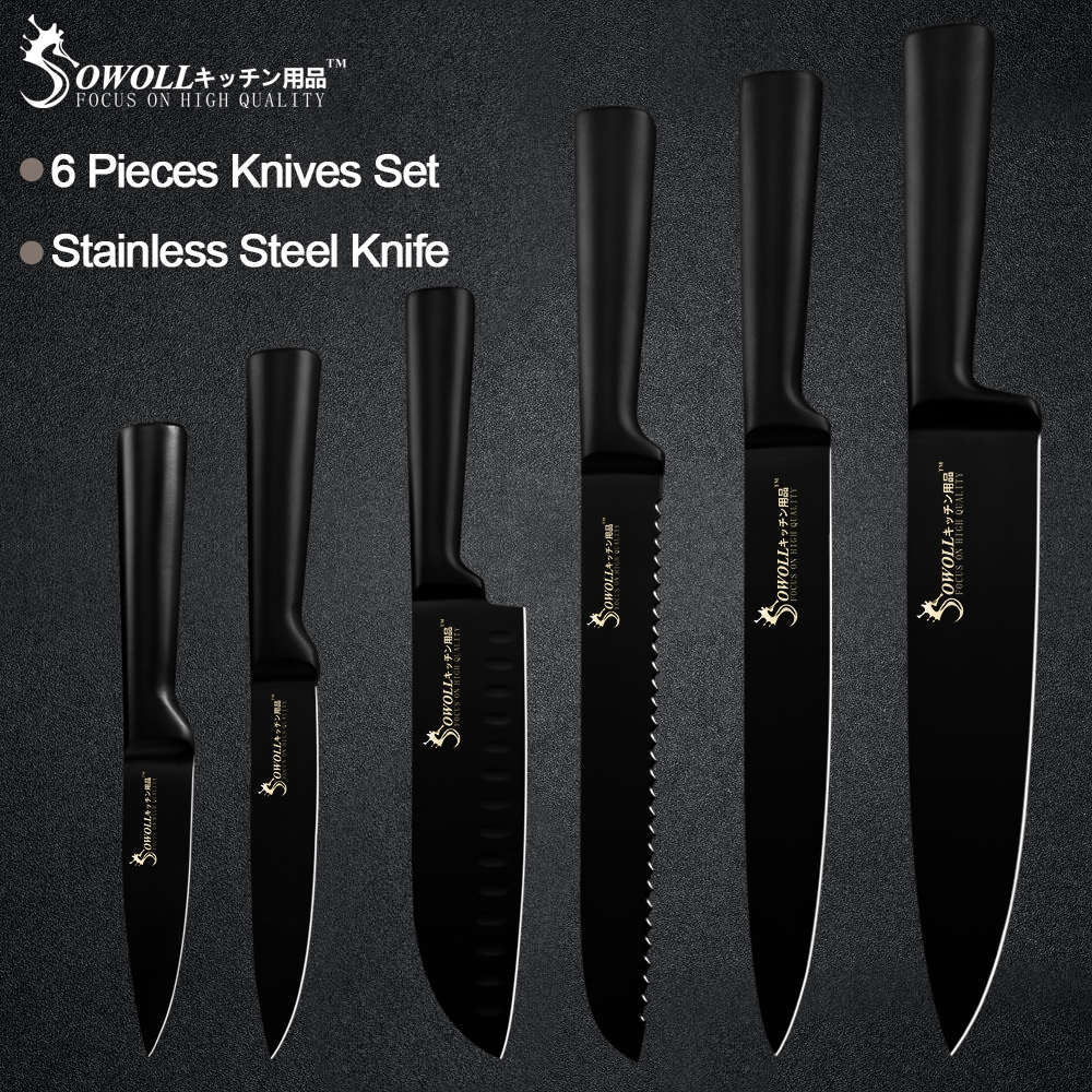 Sowoll 6pcs Stainless Steel Kitchen Knives Set All Black Handle Seamless Welding Chef Slicing