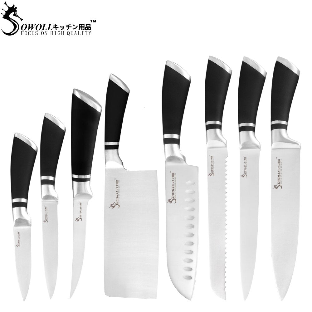 Sowoll 9pcs Stainless Steel Knives Set Non-slip Handle Chef Chopping Boning Cleaver Kitchen