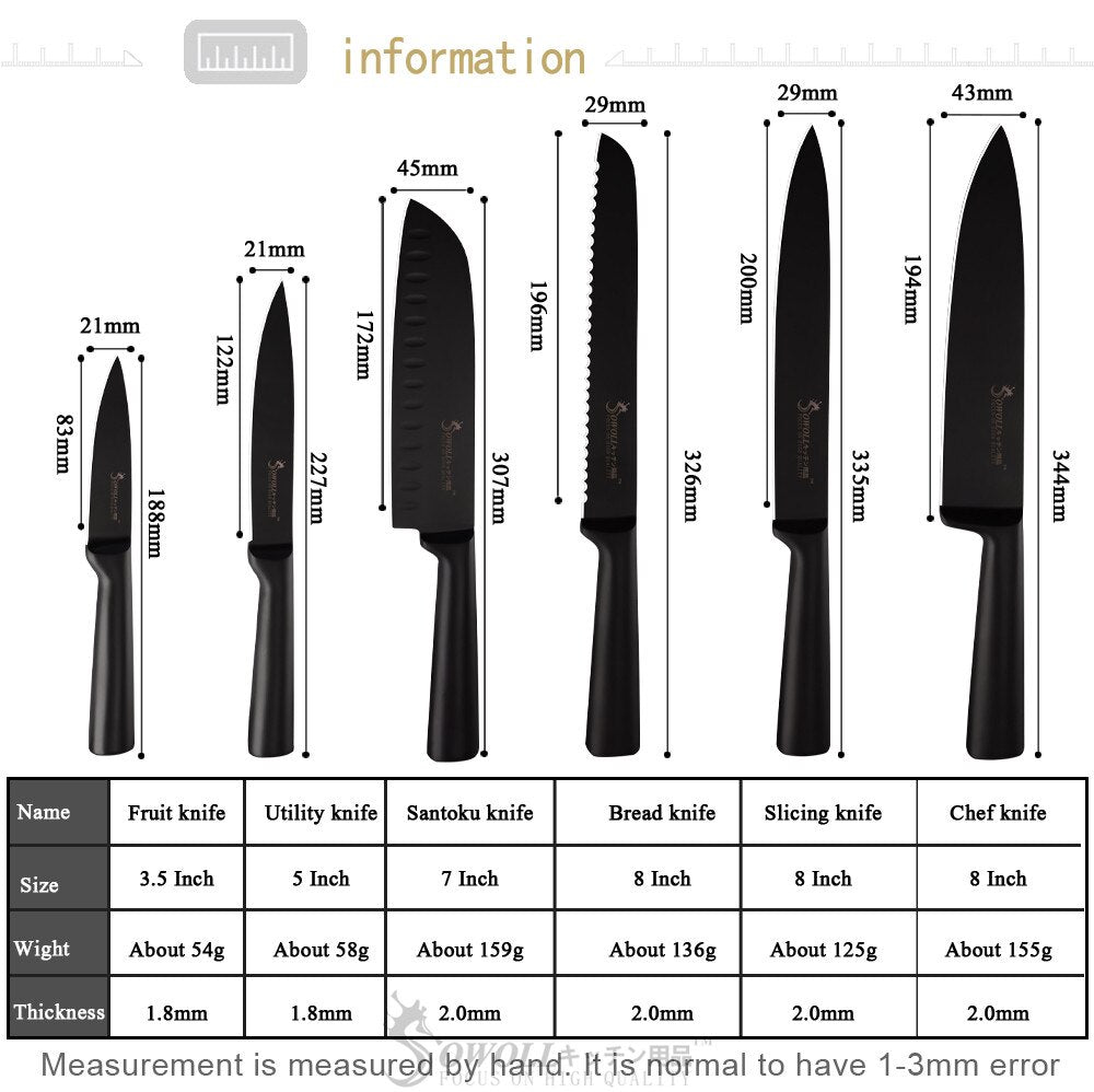 Sowoll 6pcs Stainless Steel Kitchen Knives Set All Black Handle Seamless Welding Chef Slicing