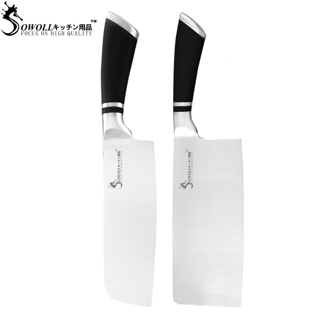 Sowoll 9pcs Stainless Steel Knives Set Non-slip Handle Chef Chopping Boning Cleaver Kitchen