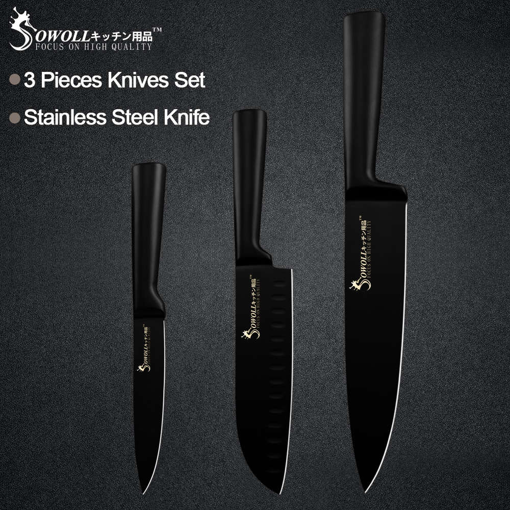 Sowoll 6pcs Stainless Steel Kitchen Knives Set All Black Handle Seamless Welding Chef Slicing