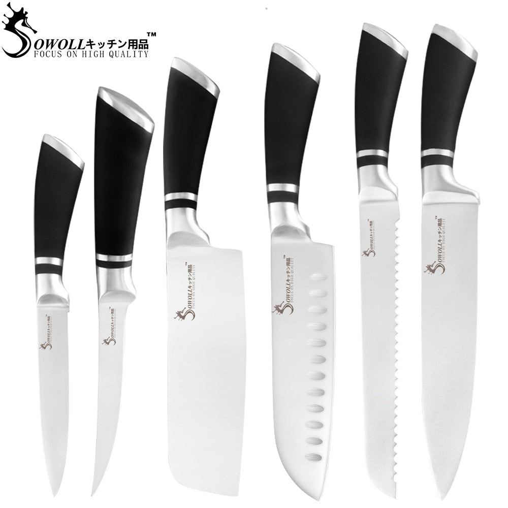 Sowoll 9pcs Stainless Steel Knives Set Non-slip Handle Chef Chopping Boning Cleaver Kitchen