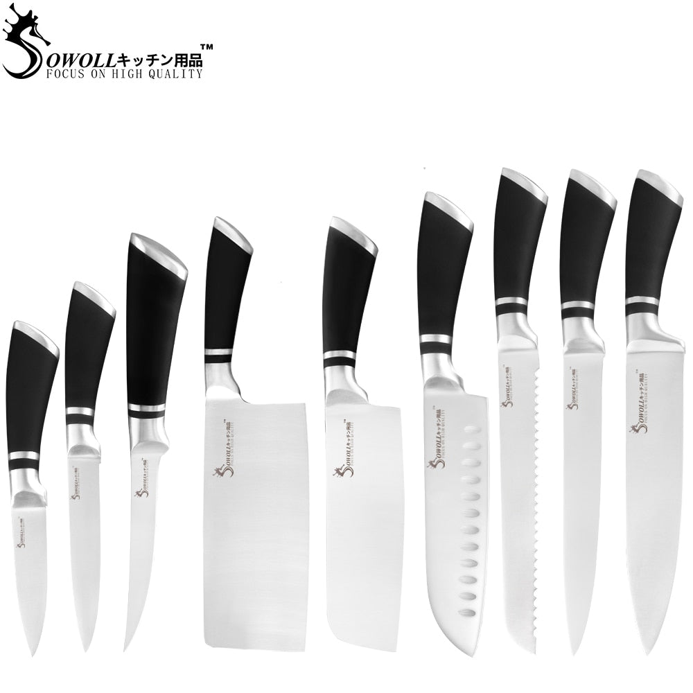 Sowoll 9pcs Stainless Steel Knives Set Non-slip Handle Chef Chopping Boning Cleaver Kitchen