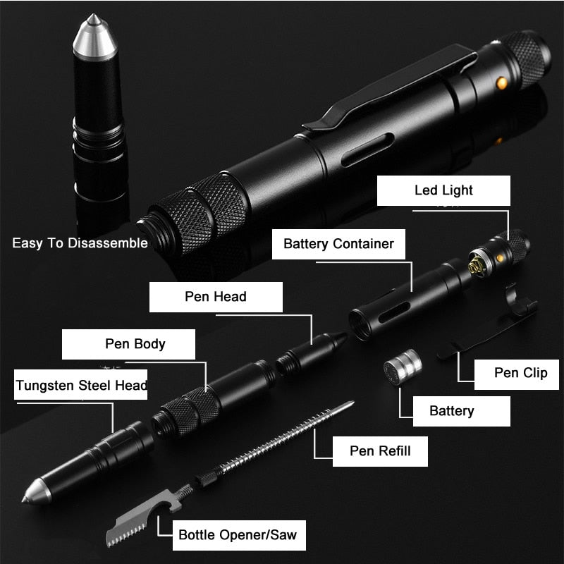 4-In-1 Portable Tactical Pen Flashlight Bottle Opener Emergency Glass Breaker Outdoor