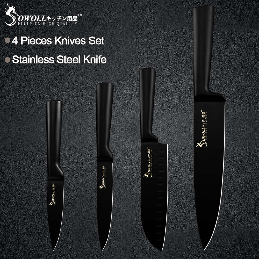 Sowoll 6pcs Stainless Steel Kitchen Knives Set All Black Handle Seamless Welding Chef Slicing