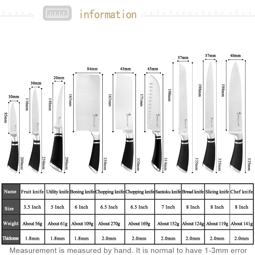 Sowoll 9pcs Stainless Steel Knives Set Non-slip Handle Chef Chopping Boning Cleaver Kitchen