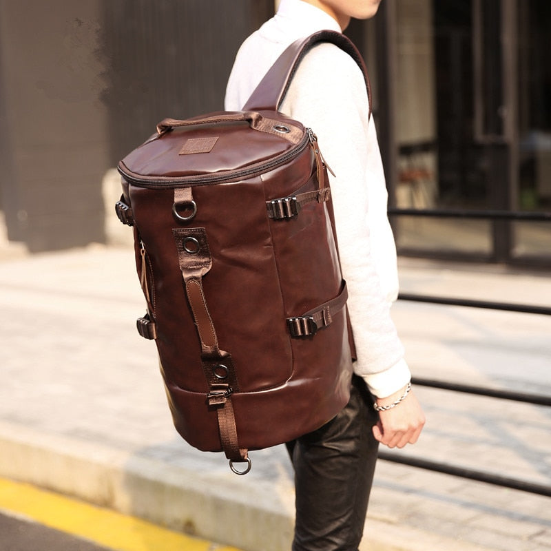 Men Bucket Backpack PU Leather Travel Bag Large Capacity Luggage Casual Vintage Shoulder