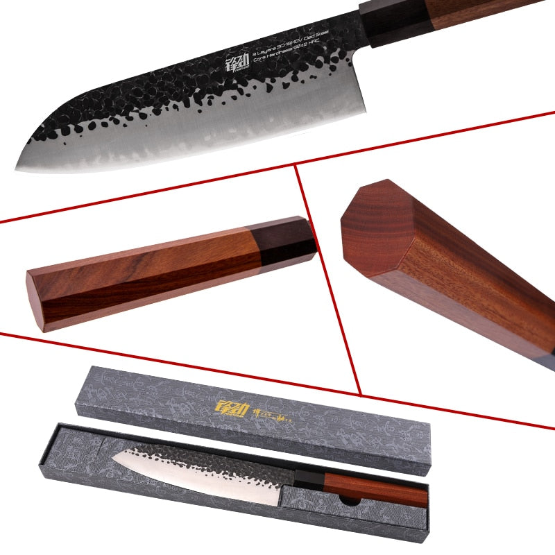 FINDKING 4 pcs Quality Kitchen Knives Set Clad Steel Nakiri Santoku Octagonal Design Handle