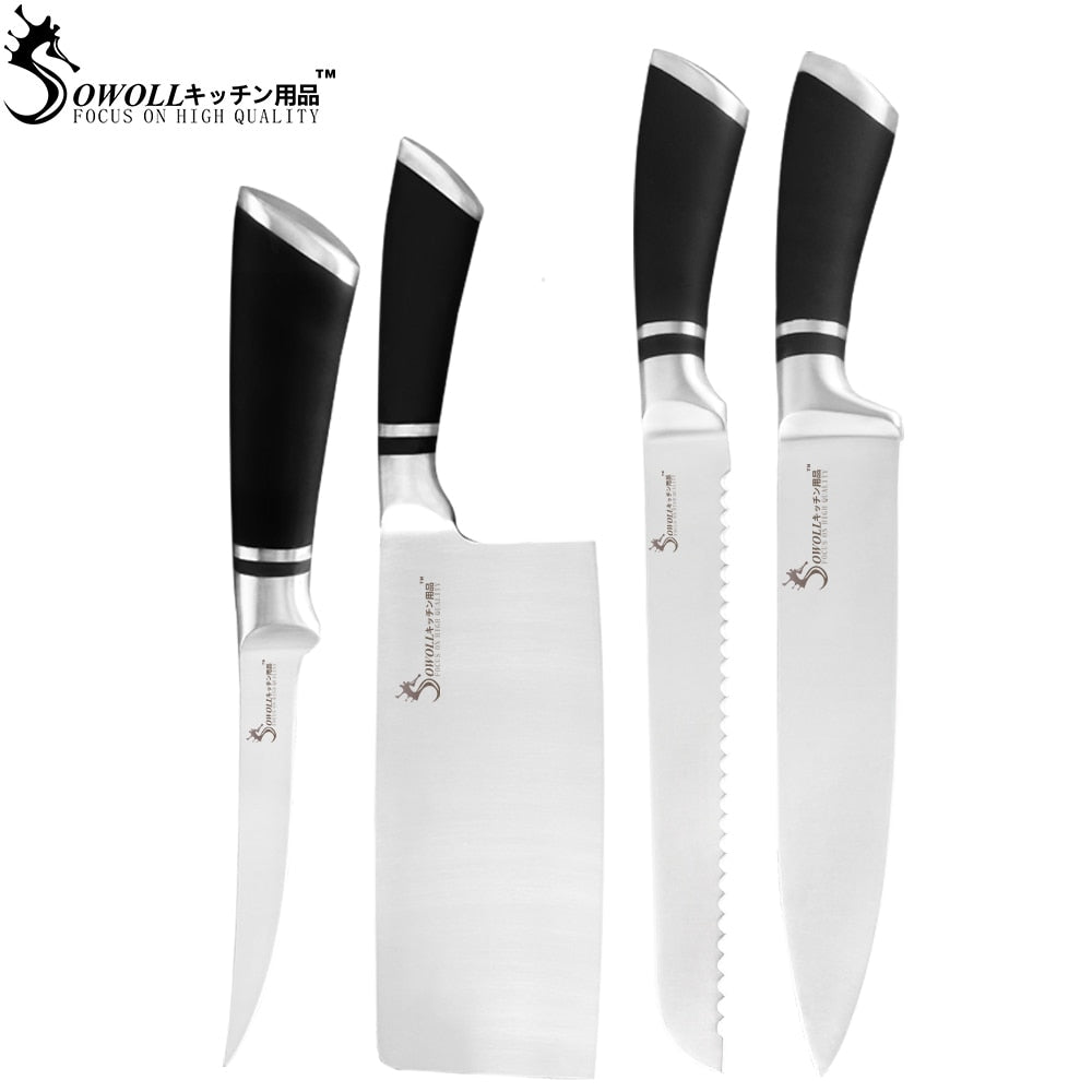 Sowoll 9pcs Stainless Steel Knives Set Non-slip Handle Chef Chopping Boning Cleaver Kitchen