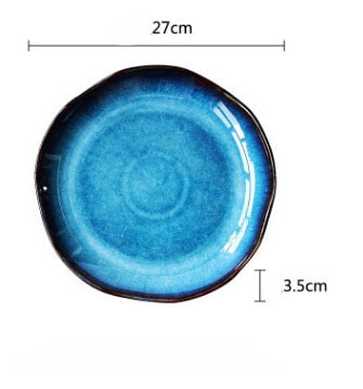 Retro japanese deep blue ceramic plate  food dessert dish  irregular household flat plate