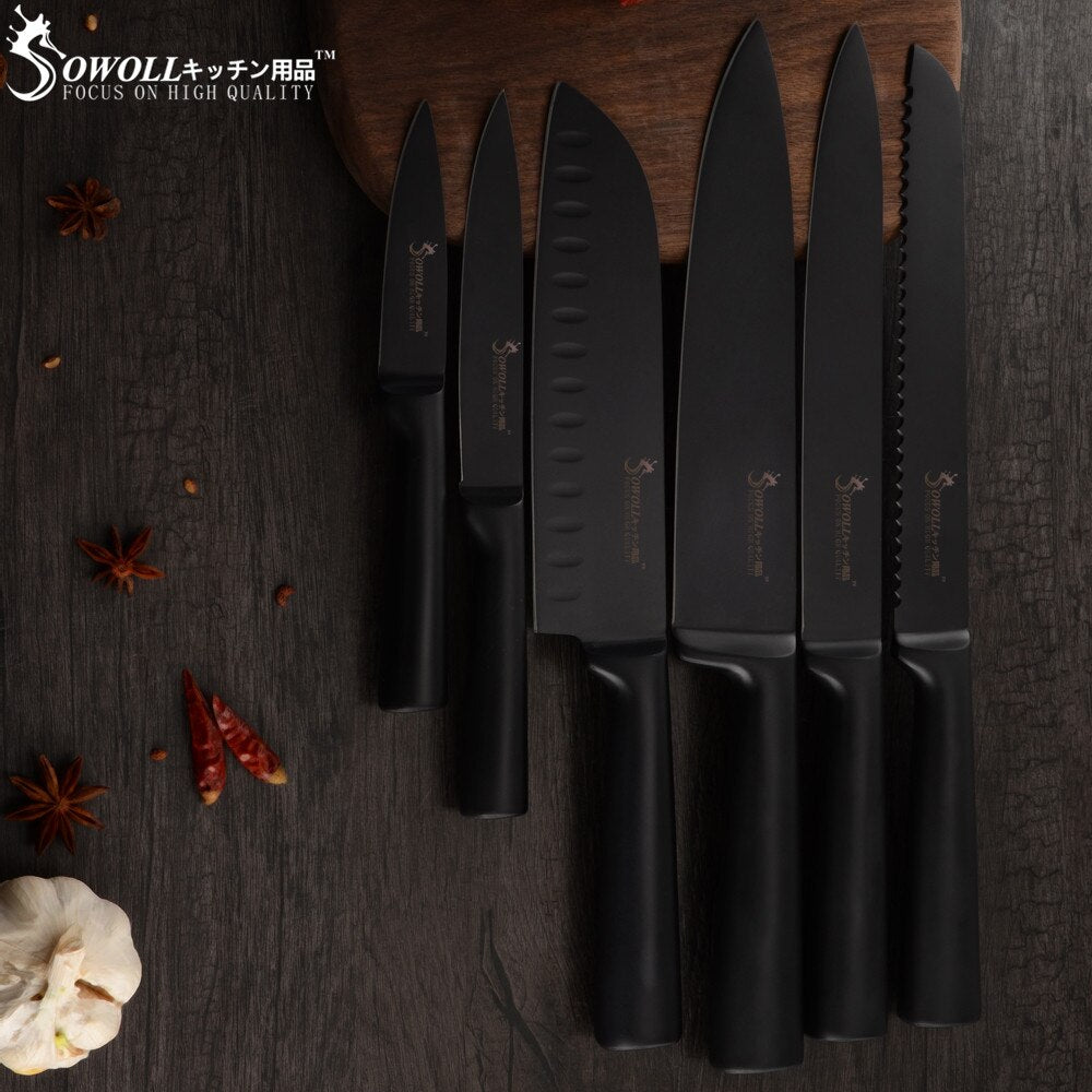 Sowoll 6pcs Stainless Steel Kitchen Knives Set All Black Handle Seamless Welding Chef Slicing