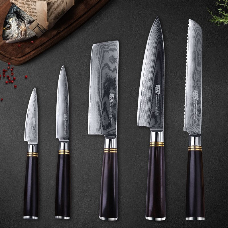 Damascus kitchen knives sets 67 layer Steel blade black handle knife Utility Santoku Chef