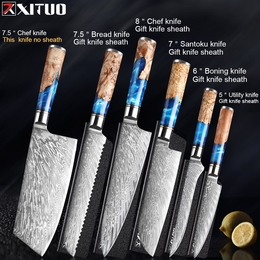 Knives-Set Damascus Steel Chef Knife Cleaver Paring Utility Bread Knife Cooking Tool Blue