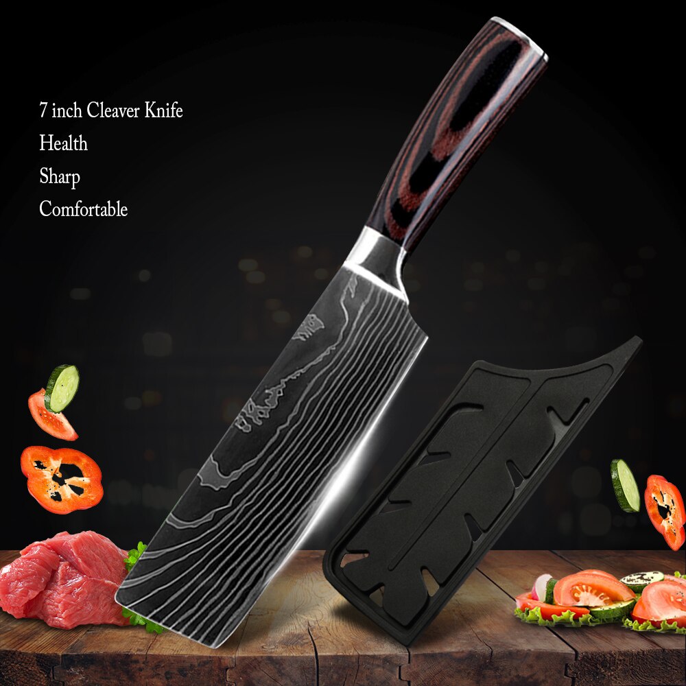 Chef Knife With Cover 1-8Pcs Stainless Steel Kitchen Knife Cleaver Slicing Damascus Veins