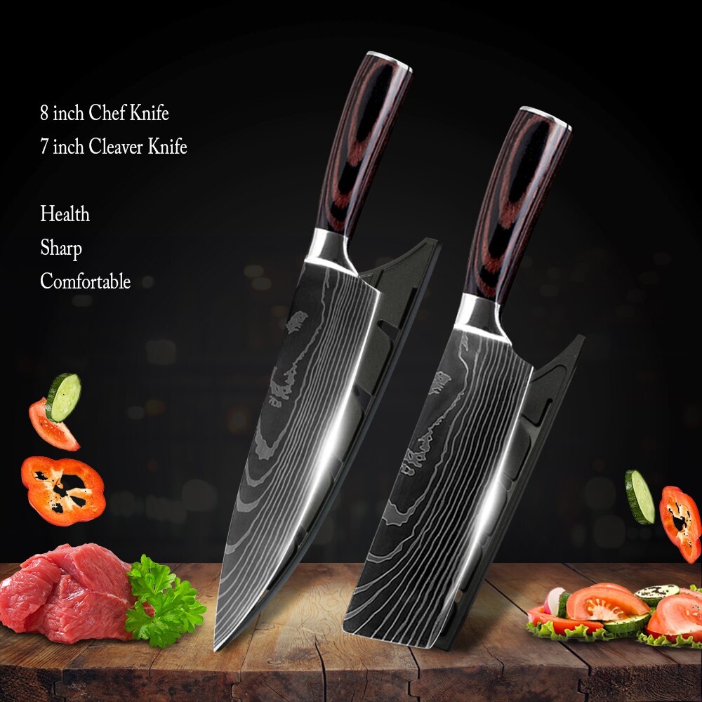 Chef Knife With Cover 1-8Pcs Stainless Steel Kitchen Knife Cleaver Slicing Damascus Veins