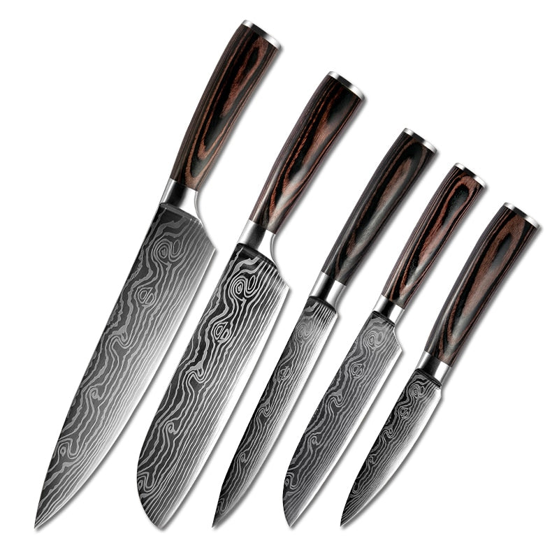 10pcs Damascus Kitchen Knife Set Laser Pattern Professional Chef Knives 440C Stainless