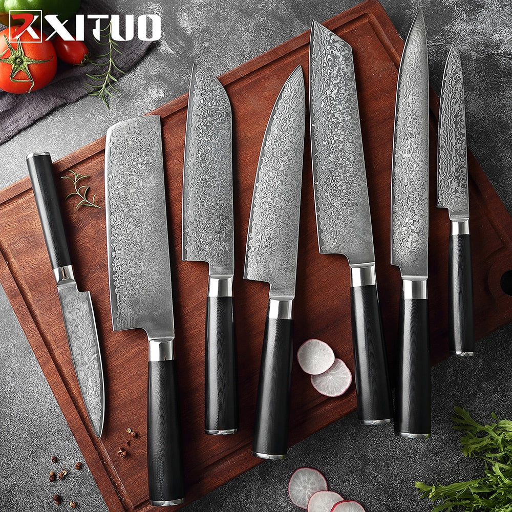 Damascus Kitchen Knives-Set Japan VG10 Chef Knife Sankotu Cleaver Bone Knives Utility