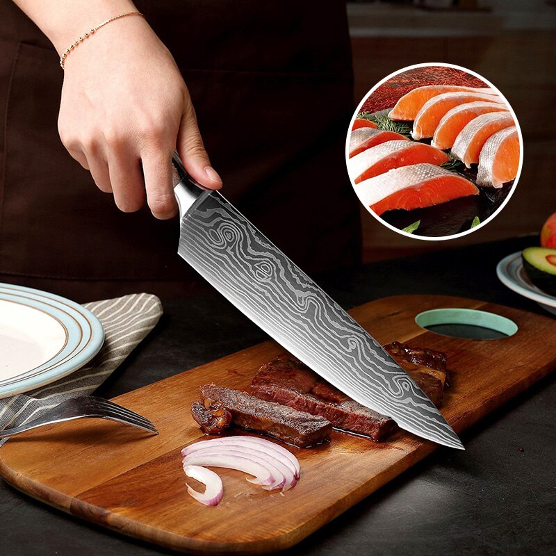 Knife Set Kitchen 3PCs Japanese Chef Knives Laser Damascus Pattern  Stainless Steel Cleaver Slicing