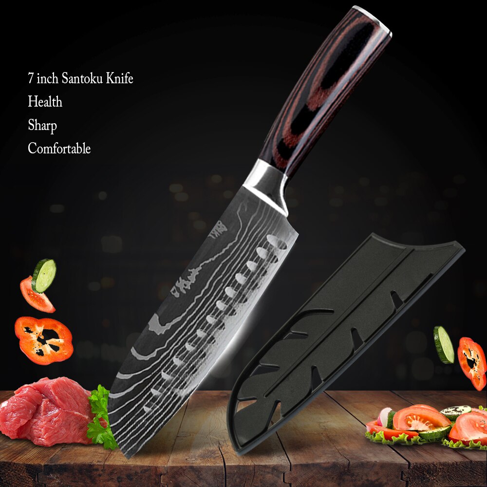 Chef Knife With Cover 1-8Pcs Stainless Steel Kitchen Knife Cleaver Slicing Damascus Veins