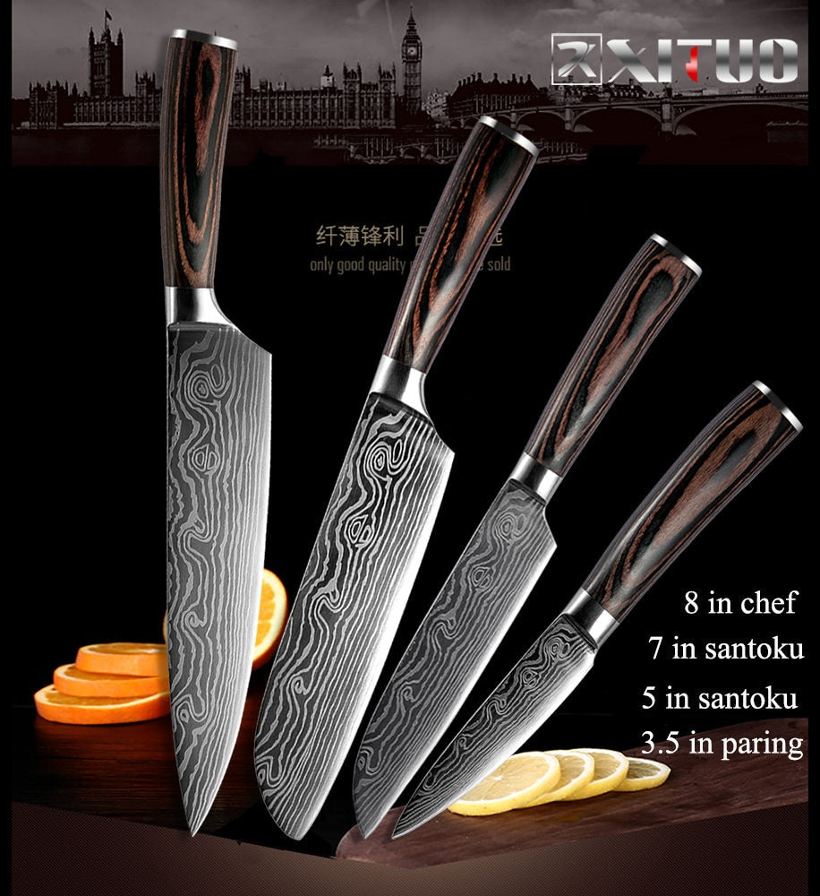 2-5PCS Set Kitchen Knife Damascus Laser Stainless Steel Blades Chef Knife Santoku knife