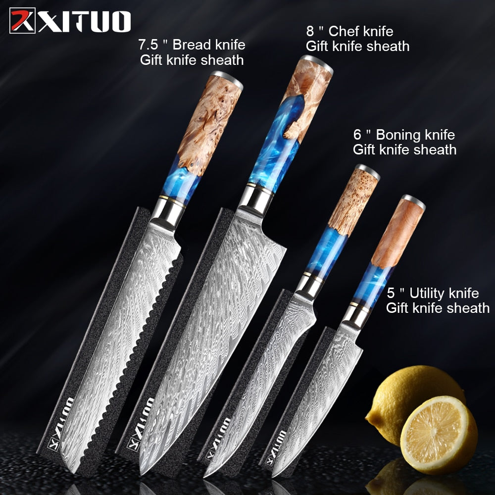 Knives-Set Damascus Steel Chef Knife Cleaver Paring Utility Bread Knife Cooking Tool Blue