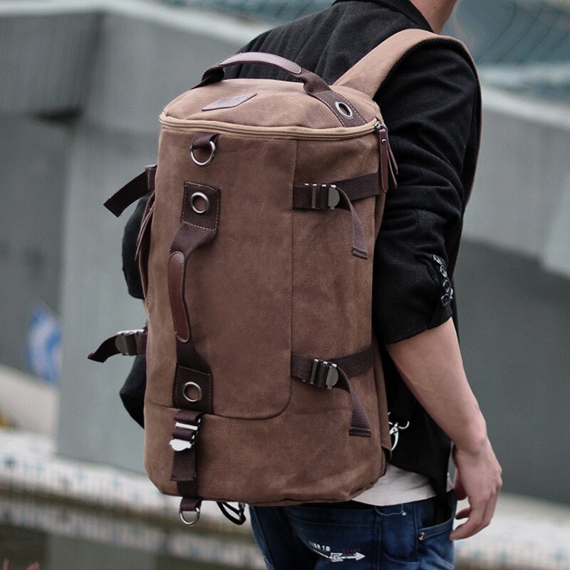 Men Bucket Backpack PU Leather Travel Bag Large Capacity Luggage Casual Vintage Shoulder