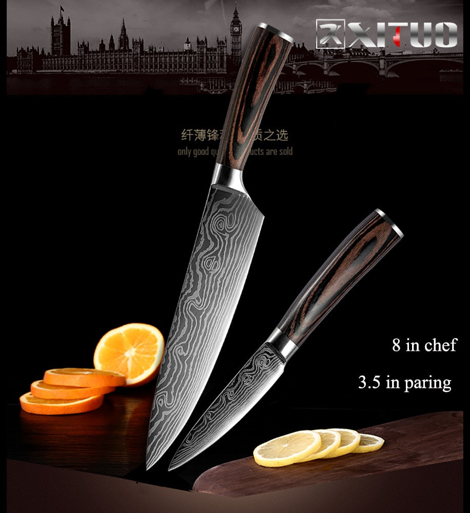 2-5PCS Set Kitchen Knife Damascus Laser Stainless Steel Blades Chef Knife Santoku knife