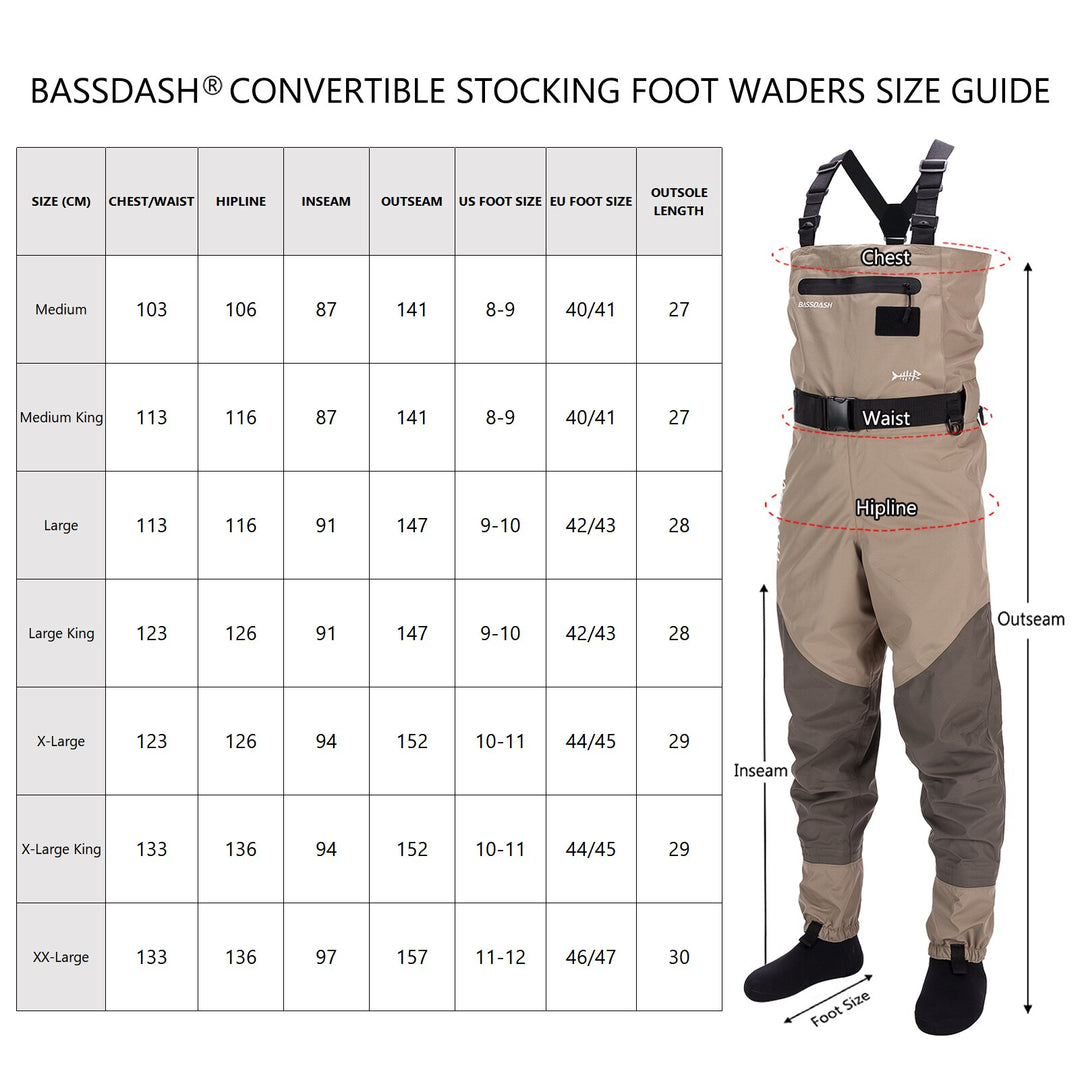 Bassdash Men’s Breathable Lightweight Chest and Waist Convertible Waders for Fishing