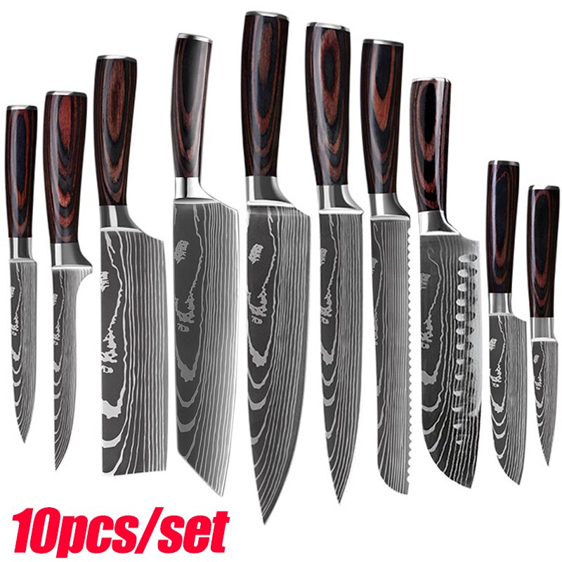 10pcs Damascus Kitchen Knife Set Laser Pattern Professional Chef Knives 440C Stainless