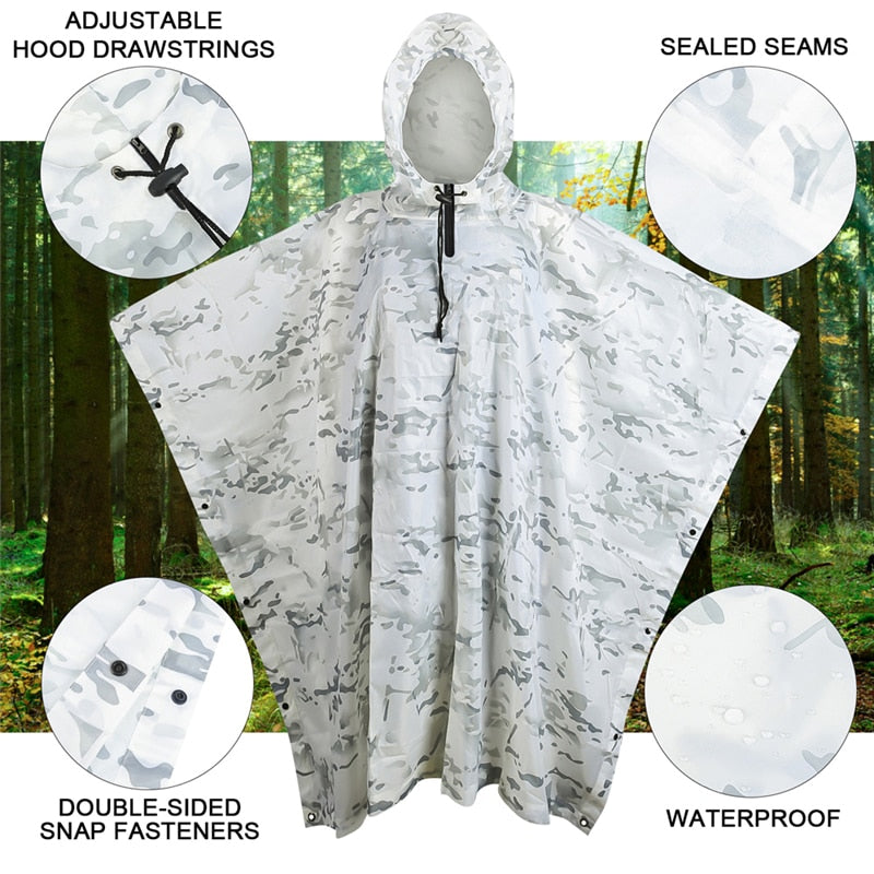 Outdoor Hooded Breathable Rainwear Camo Poncho Army Tactical Raincoat Camping Hiking Gears