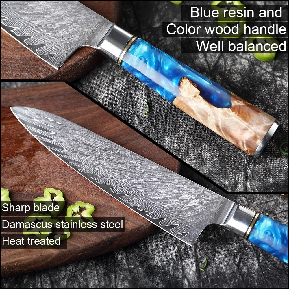 Knives-Set Damascus Steel Chef Knife Cleaver Paring Utility Bread Knife Cooking Tool Blue