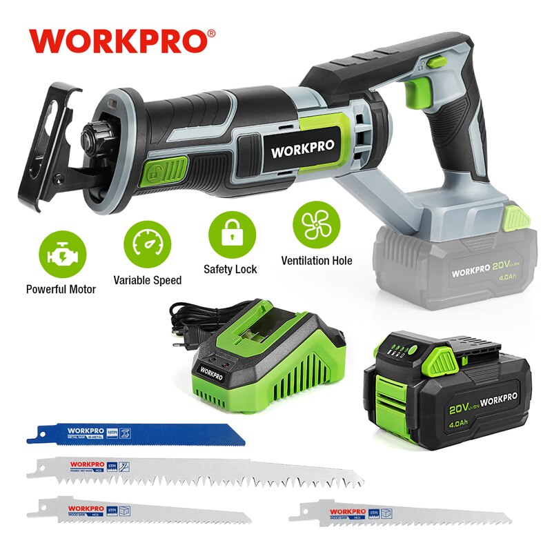 WORKPRO 20V Cordless Reciprocating Saw 1-inch Stroke Length For Wood & Metal Cutting