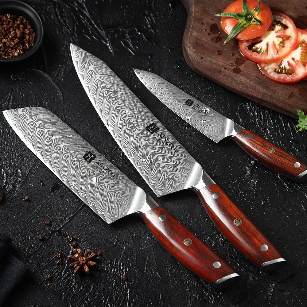 XINZUO 3PCS Kitchen Knives Sets VG10 Damascus Steel Santoku Kitchen Chef Knives Sharp