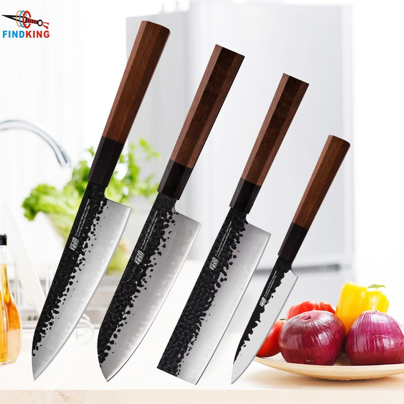 FINDKING 4 pcs Quality Kitchen Knives Set Clad Steel Nakiri Santoku Octagonal Design Handle