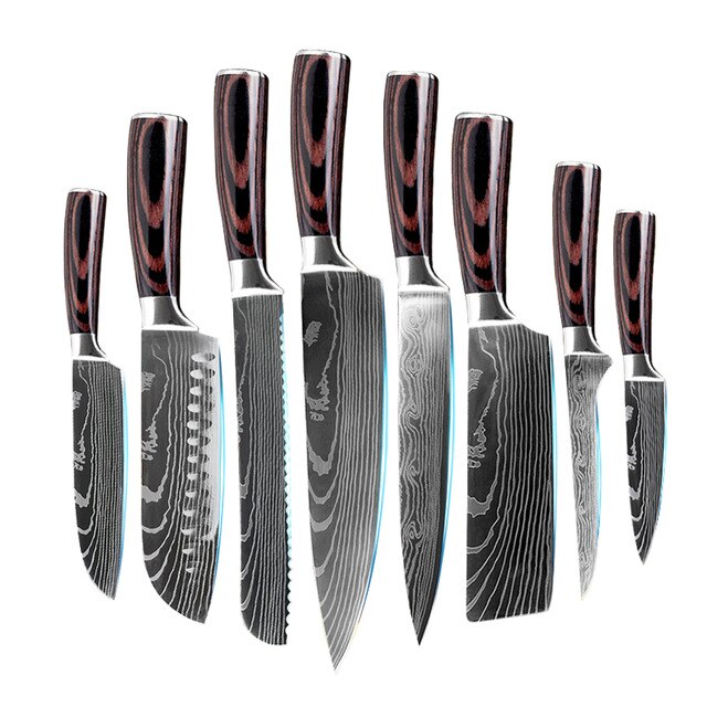 10pcs Damascus Kitchen Knife Set Laser Pattern Professional Chef Knives 440C Stainless