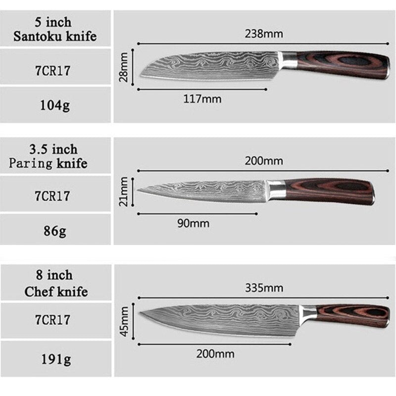 Knife Set Kitchen 3PCs Japanese Chef Knives Laser Damascus Pattern  Stainless Steel Cleaver Slicing