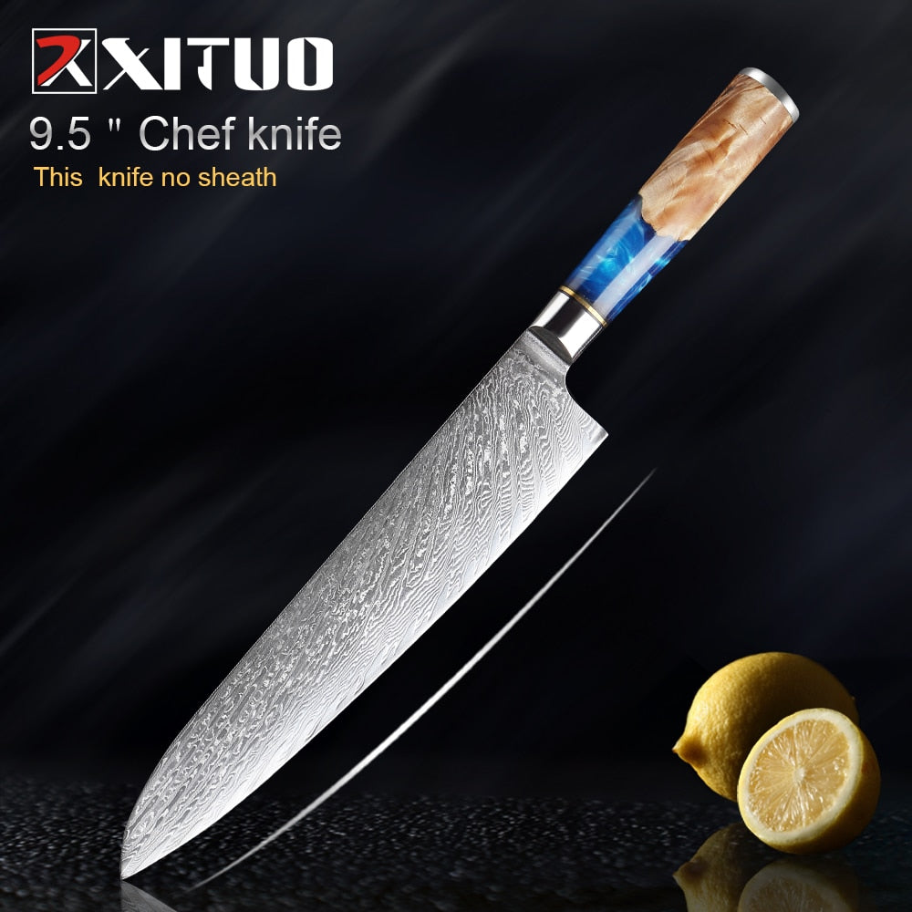 Knives-Set Damascus Steel Chef Knife Cleaver Paring Utility Bread Knife Cooking Tool Blue